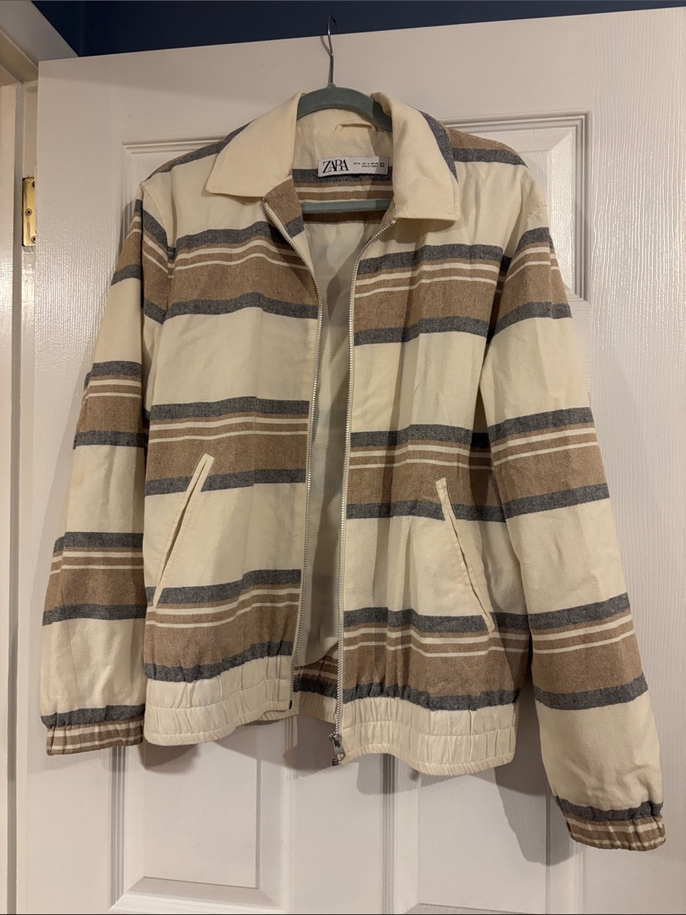 Zara Cream, Brown and Gray Striped Bomber Jacket